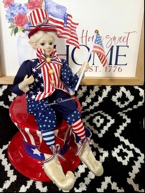 July 4th Patriotic Red White Blue Elf Fairy Doll Shelf Sitter 16" Americana New